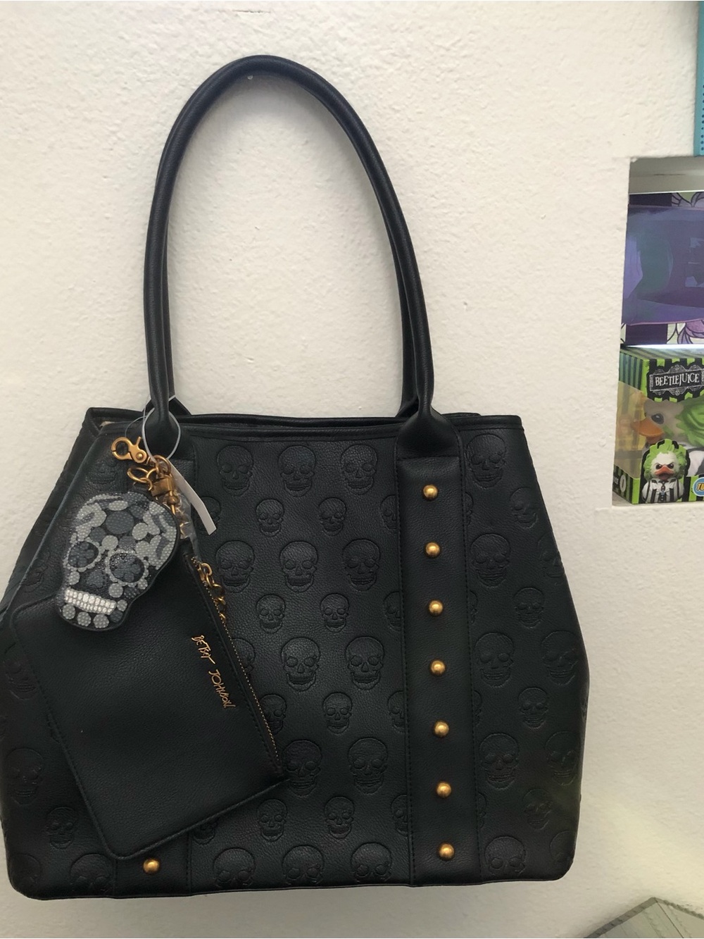 Black Studded Skull Embossed Tote Bag